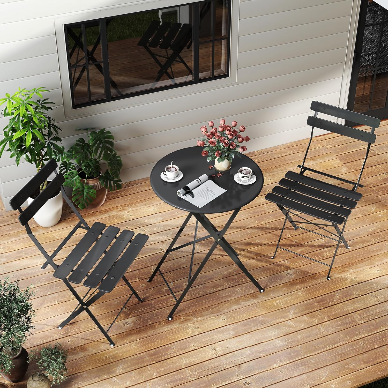 Space-saving black 3-piece fol - Outdoor Furniture Table And Chairs review and price